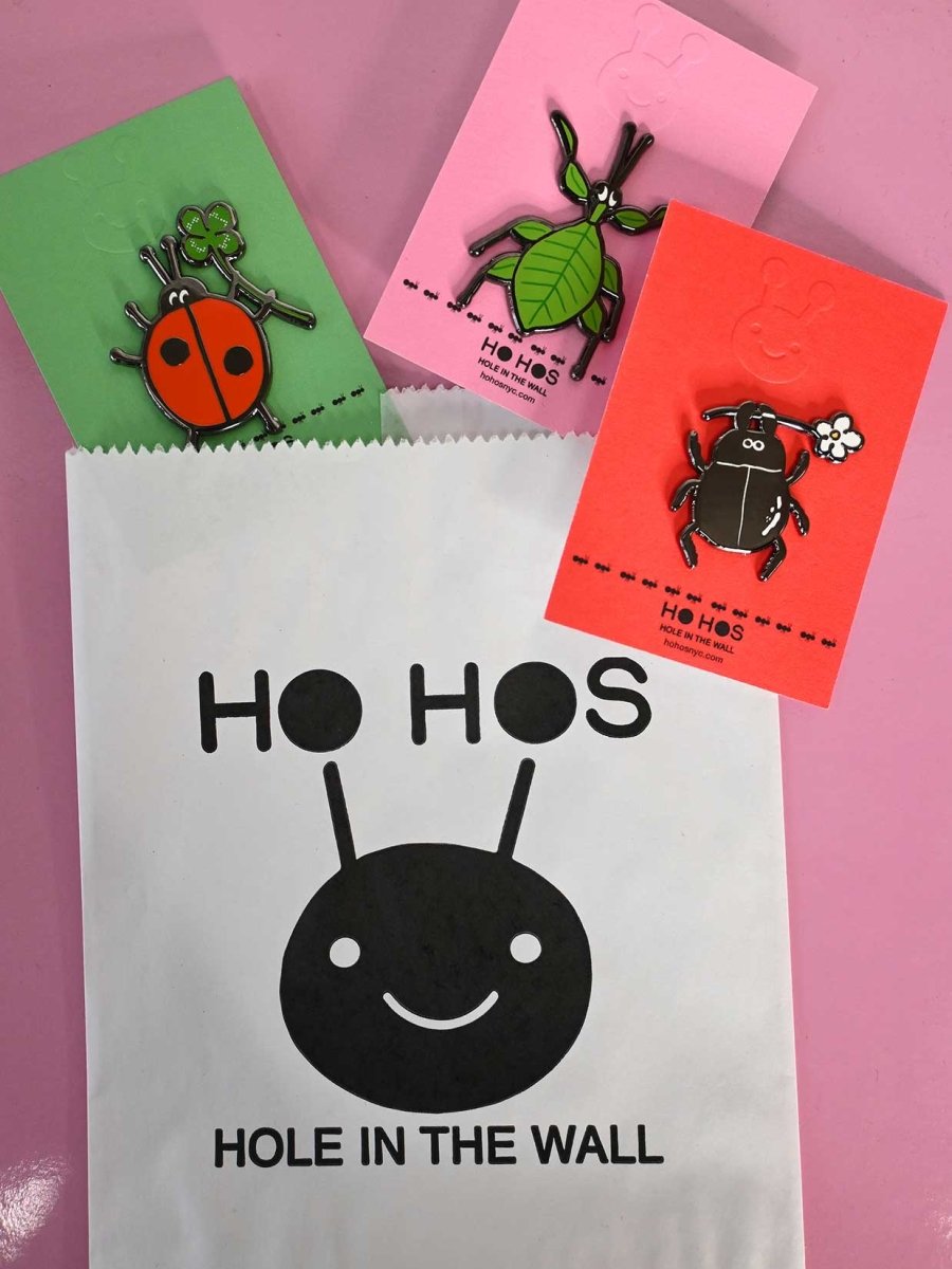 "Lucky Bug," "Leaf Bug," and "Beetle" Enamel pins. Designed by HO HOS HOLE IN THE WALL (NYC)