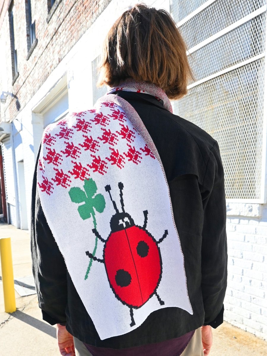 "Lucky Bug" Jumbo scarf. Made on Long Island, New York, USA, with recycled cotton and recycled polyester. Designed in NYC by Ho Hos Hole in The Wall. 12" x 78"