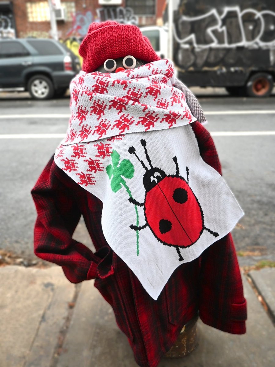 "Lucky Bug" Jumbo scarf. Made on Long Island, New York, USA, with recycled cotton and recycled polyester. Designed in NYC by Ho Hos Hole in The Wall. 12" x 78"